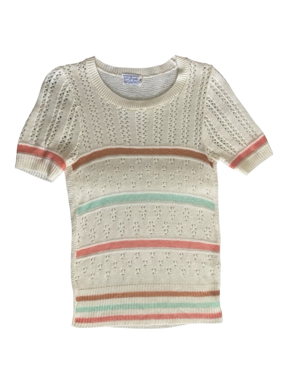 Vintage Pointelle Knit Top Cream Pastel Stripe